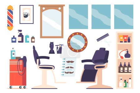 Illustration for Set of Barber Shop Salon Interior Furniture, Tools, Items and Equipment Icons. Chair, Rack, Mirror and Cosmetics. Male Barbershop Beauty Parlor Design Elements. Cartoon Vector Illustration - Royalty Free Image