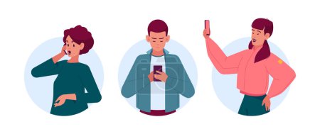 Illustration for People With Phones Isolated Round Icons or Avatars. Male And Female Characters Chat, Making Selfie, Play Games, Read Sms. Young Men And Women Communicate Via Smartphones. Cartoon Vector Illustration - Royalty Free Image