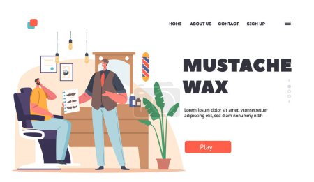 Illustration for Mustache Wax Landing Page Template. Hairdresser Master and Customer in Barbershop Salon. Barber Offer to Client Service for Mustaches Style Show Samples in Palette. Cartoon People Vector Illustration - Royalty Free Image
