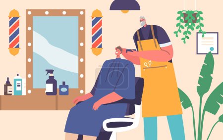 Illustration for Visitor in Barber Shop. Hairdresser Barber Doing Hairstyle to Young Male Client Sitting on Chair front of the Mirror. Men Beauty Salon, Barbershop Service Concept. Cartoon People Vector Illustration - Royalty Free Image