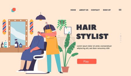 Illustration for Barbershop Hair Stylist Landing Page Template. Visitor in Barber Shop. Hairdresser Barber Doing Hairstyle to Young Male Client Sitting on Chair front of the Mirror. Cartoon People Vector Illustration - Royalty Free Image