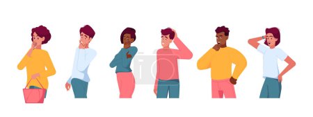 Illustration for Brooding People Scratch Their Heads, Remember Information, Look For Answers To Questions. Thoughtful Pensive Male And Female Characters Searching Solution, Mental Research. Cartoon Vector Illustration - Royalty Free Image