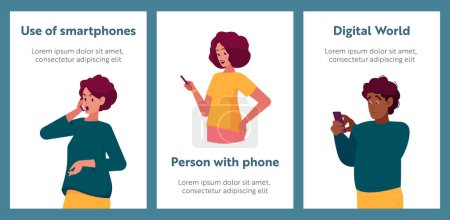 Illustration for People with Phones Cartoon Banners. Male and Female Characters Communicate via Smartphones. Young Men and Women Holding Mobiles Chatting, Talking, Send Sms. Vector Illustration, Posters - Royalty Free Image
