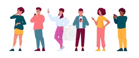 Illustration for People with Phones, Male and Female Characters Communicate via Smartphones. Young Men and Women Holding Mobiles Chatting, Talking with Positive or Negative Emotions. Cartoon Vector Illustration - Royalty Free Image