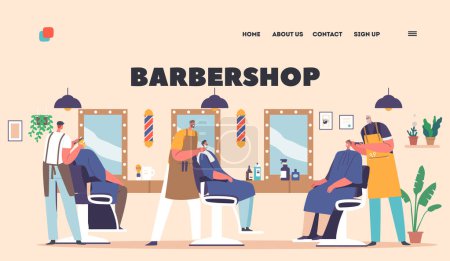 Illustration for Barbershop Landing Page Template. Male Characters Visit Barber Shop for Haircut. Hairdresser Serving Clients In Men Beauty Salon Interior With Chairs and Mirrors. Cartoon People Vector Illustration - Royalty Free Image