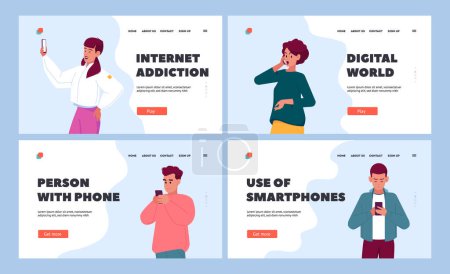 Illustration for People with Phones Landing Page Template Set. Male and Female Characters Communicate via Smartphones. Young Men and Women Holding Mobiles Chatting, Talking, Send Sms. Cartoon Vector Illustration - Royalty Free Image