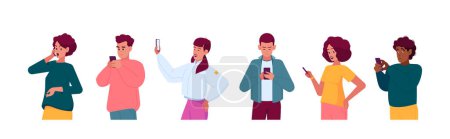 Illustration for People With Phones Chatting, Talking, Text Messages, Making Selfie. Male And Female Characters Communicate Via Smartphones. Young Men And Women Holding Mobiles. Cartoon Vector Illustration - Royalty Free Image