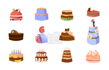 Illustration for Set of Cartoon Holiday Cakes with Candles and Decoration. Festive Birthday or Wedding Bakery for Party or Anniversary Celebration. Isolated Sweets and Pastry Desserts. Vector Illustration - Royalty Free Image