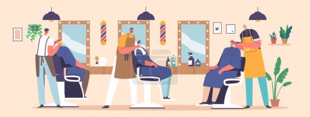 Téléchargez les illustrations : Personnages masculins Visitez Barbershop pour coupe de cheveux. Coiffeur Barbiers Au service des clients dans les hommes Salon de beauté. Clients de Barber Shop Intérieur avec chaises et miroirs. Illustration vectorielle des personnages de bande dessinée - en licence libre de droit