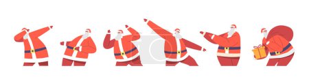 Illustration for Set Santa Claus Dancing and Deliver Gifts. Funny Christmas Character Making Dab Move, Dance Break and Hip Hop Style Dance, Holiday Greeting, DJ Club Party, Xmas Eve. Cartoon People Vector Illustration - Royalty Free Image