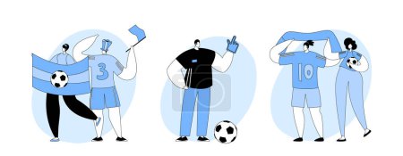 Illustration for Set Cheerful Fans Male Female Characters Wearing Sports Club Uniform Cheering for Favorite Sport Team Watching Football Match with Flags and Attributes. Cartoon People Vector Illustration - Royalty Free Image