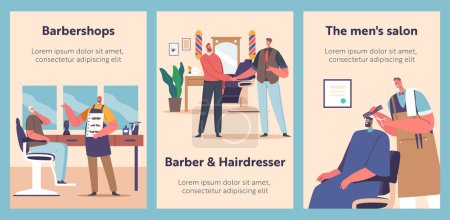 Illustration for Barbershop Services Cartoon Banners. Barber Offer to Client Mustaches Style, Doing Haircut, Grateful Customer Shaking Hand to Hairdresser Master in Barbershop Beauty Salon. Vector Illustration Posters - Royalty Free Image
