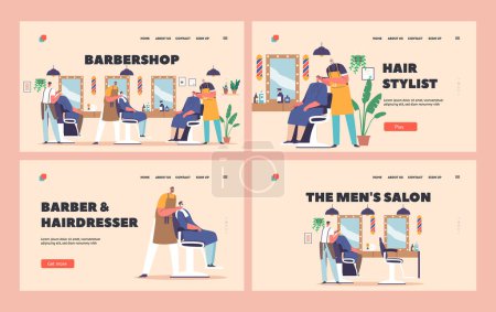 Téléchargez les illustrations : Barbershop Landing Page Template Set. Personnages masculins Visitez Barber Shop pour coupe de cheveux. Coiffeur servant des clients dans le salon de beauté hommes. Clients en Parlor Interior. Illustration vectorielle des personnages de bande dessinée - en licence libre de droit