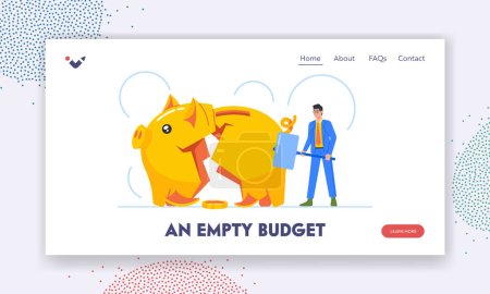 Illustration for Empty Budget Landing Page Template. Business Man Character Hitting Piggy Bank with Hammer. Financial Recession, Finance Problems, Low Income, Crisis Concept. Cartoon People Vector Illustration - Royalty Free Image