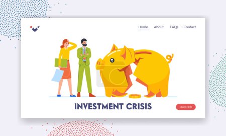 Illustration for Investment Crisis Landing Page Template. Business Characters Stand at Broken Piggy Bank with the Last Coin. Financial Bankruptcy, Low Income, Debt, Finance Problems, Money Loss. Vector Illustration - Royalty Free Image