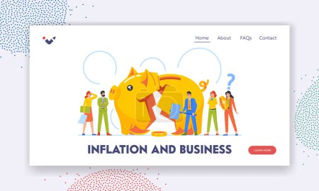 Illustration for Inflation and Business Bankruptcy Landing Page Template. Tiny Characters at Huge Broken Piggy Bank. Finance Problems, Money Loss Concept. Man Hit Pig Moneybox with Hammer. Cartoon Vector Illustration - Royalty Free Image