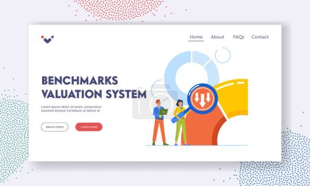Benchmarks Valuation System Landing Page Template. Tiny Business Characters with Huge Magnifier Testing and Analyzing Reports, Target, Company Success at Rate Scale. Cartoon People Vector Illustration