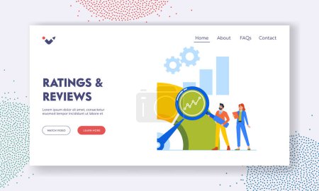Illustration for Ratings and Reviews Landing Page Template. Benchmark Rate Scale Growth Concept. Tiny Business Characters with Magnifier Look on Huge Scale. Business Success Testing. Cartoon People Vector Illustration - Royalty Free Image
