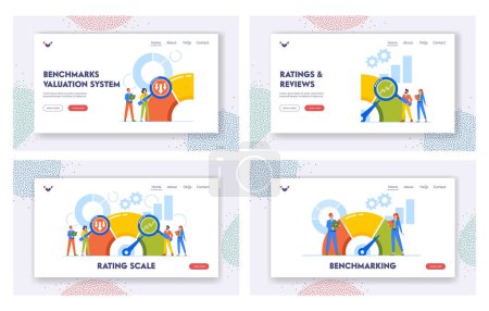 Illustration for Benchmarking Rating Scale Landing Page Template Set. Business Development And Improvement Concept. Male and Female Office Characters Compare Company Quality Rates. Cartoon People Vector Illustration - Royalty Free Image