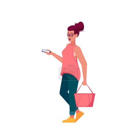 Téléchargez les illustrations : Stylish Caucasian Girl Character with Smartphone and Hand Bag Wear Trendy Outfit for Summer Season. Fashion Trends for Women Pink Blouse and Tight Green Pants. Cartoon People Vector Illustration - en licence libre de droit