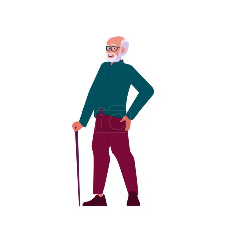 Illustration for Elderly Grey Haired Male Character Isolated on White Background. Senility, Old Ages Concept. Senior Man, Aged Grandfather Standing with Walking Cane. Cartoon People Vector Illustration - Royalty Free Image