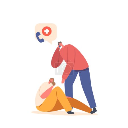Téléchargez les illustrations : First Aid Concept. Passerby Male Character Calling to Emergency Service cause to Woman Feel Bad on Street Isolated on White Background. Medical Ambulance Service. Cartoon People Vector Illustration - en licence libre de droit
