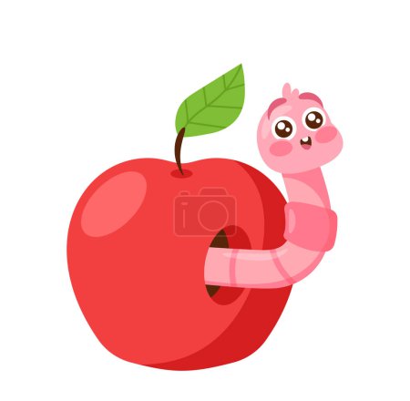 Téléchargez les illustrations : Worm or Caterpillar Cartoon Character Stick Out of Garden Apple. Earth or Soil Earthworm Insect. Nature Creature, Orchard Invertebrate Worm in Fruit Isolated on White Background. Vector Illustration - en licence libre de droit