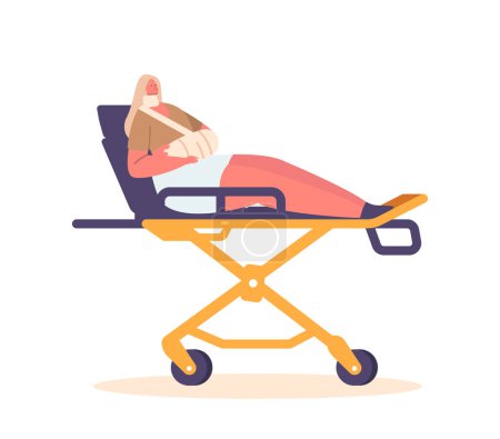 Téléchargez les illustrations : Female Character with Broken Hand Lying on Stretchers or Medical Bed Isolated on White Background. Injured Woman Patient with Arm Fracture, Health Care, First Aid. Cartoon People Vector Illustration - en licence libre de droit