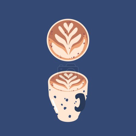 Téléchargez les illustrations : Coffee Cup with Flower Latte Art Pattern Top and Front View. Hot Beverage with Foam in Shape of Plant Isolated on Blue Background. Creative Design for Coffee House or Cafe. Vector Illustration, Icon - en licence libre de droit