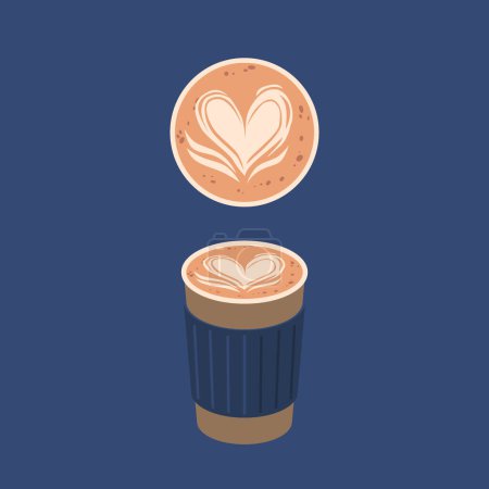 Illustration for Coffee Cup with Heart Latte Art Pattern Top and Front View Isolated on Blue Background. Creative Design for Coffee House or Cafe Bar. Hot Beverage with Foam in Shape of Vector Illustration, Icon - Royalty Free Image