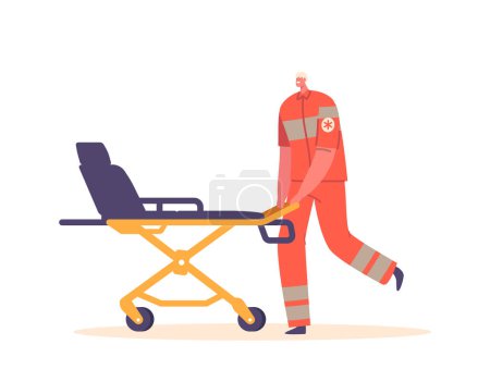 Téléchargez les illustrations : Medic Character Push Stretchers for Injured Patient Transportation Isolated on White Background. First Aid, Emergency Help, Health Care Medical Service Concept. Cartoon People Vector Illustration - en licence libre de droit