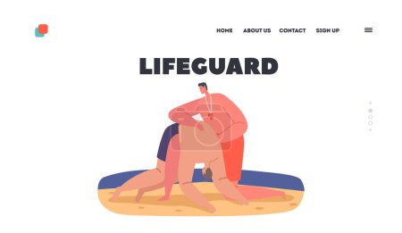 Téléchargez les illustrations : Lifeguard Landing Page Template. Man Rescuer Save Life to Victim on Ocean Beach. Character Help to Drowned Person Help to Breath and Delete Water from Lungs. Cartoon People Vector Illustration - en licence libre de droit
