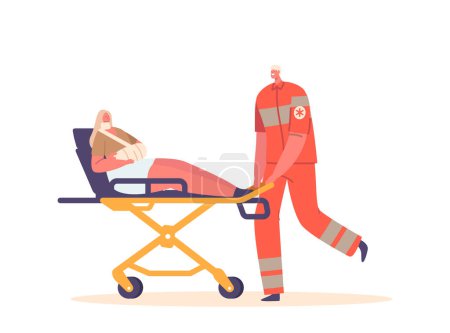 Téléchargez les illustrations : Medic Character Push Stretchers with Injured Person with Broken Hand Isolated on White Background. First Aid, Emergency Help, Health Care Medical Service Concept. Cartoon People Vector Illustration - en licence libre de droit