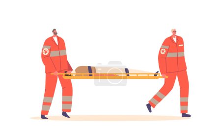 Ilustración de Couple of Medic Characters Carry Injured Person on Stretchers Isolated on White Background. First Aid, Help to Victim, Emergency Health Care Medical Service Concept. Cartoon People Vector Illustration - Imagen libre de derechos