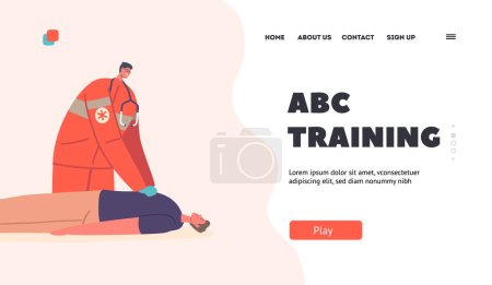 Illustration for Abc Training Landing Page Template. Cardiopulmonary Resuscitation, Cpr Aid. Artificial Ventilation Effort to Critical Patient. Medic Character doing Cardiac Massage. Cartoon People Vector Illustration - Royalty Free Image