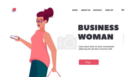 Téléchargez les illustrations : Business Woman Landing Page Template. Stylish Girl Character with Smartphone and Hand Bag Wear Trendy Outfit for Summer Season. Woman in Pink Blouse and Green Pants. Cartoon People Vector Illustration - en licence libre de droit