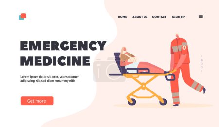 Illustration for Emergency Medicine Landing Page Template. Medic Character Push Stretchers with Injured Person with Broken Hand. First Aid, Help, Health Care Medical Service Concept. Cartoon People Vector Illustration - Royalty Free Image