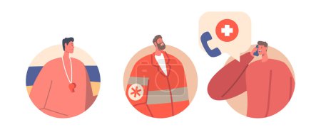 Illustration for Emergency Service Workers Doctor, Medic and Lifeguard Or Rescuer Characters In Medical Robe Isolated Round Icons or Avatars. Hospital Staff Medicine Profession, Occupation. Cartoon Vector Illustration - Royalty Free Image