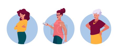 Téléchargez les illustrations : Female Character Young, Adult and Senior Isolated Round Icons or Avatars. Attractive Lady with Crossed Arms, Holding Smartphone and Aged Woman Portraits. Cartoon People Vector Illustration - en licence libre de droit