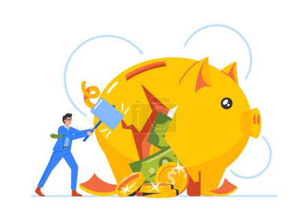 Illustration for Business Man Character Hitting Piggy Bank with Hammer. Financial Investment Recession, Finance Problems, Low Income, Crisis. Money Loss, Bankruptcy Concept. Cartoon People Vector Illustration - Royalty Free Image