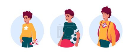 Ilustración de Preteen Boy, Teenager and Student Male Character Isolated Round Icons or Avatars. Little Boy with Toy, Teen with Ball and Pupil with Backpack on White Background Cartoon Vector Illustration - Imagen libre de derechos
