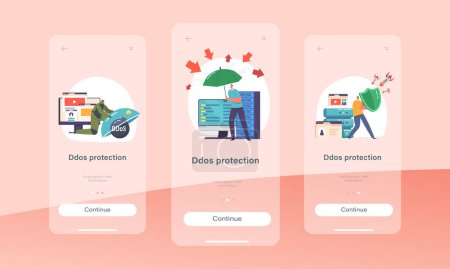 Téléchargez les illustrations : Ddos Protection Mobile App Page Onboard Screen Template. People with Shield and Umbrella Protect Online Servers and Network, Cyber Security And Safety Data Concept. Cartoon People Vector Illustration - en licence libre de droit