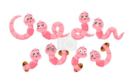 Téléchargez les illustrations : Set of Earth Worm Cartoon Character, Cute and Funny Soil Earthworm Personages in Glasses, Crawling, Stick Out of Hole, Compost Insects of Pink Colors Isolated on White Background. Vector Illustration - en licence libre de droit