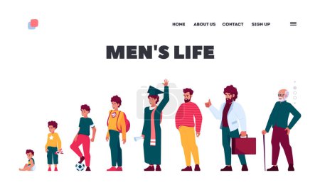 Téléchargez les illustrations : Men Life Landing Page Template. Stages of Man Growing, Aging Time Line. Male Character Life Cycle, Growth Baby, Toddler, Kid, Teen, Young, Adult Senior and Old Person. Cartoon Vector Illustration - en licence libre de droit