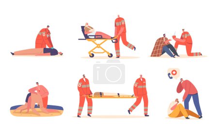 Téléchargez les illustrations : Set of Rescuers First Aid to Victims on Beach, Nature Catastrophe or Accident. Medics Carry Injured Person on Stretchers, Male Character Calling to Emergency. Cartoon People Vector Illustration - en licence libre de droit