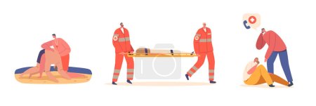 Illustration for Set Rescuers First Aid to Victims on Beach, Medics Carry Person on Stretchers, Male Character Calling to Emergency cause Woman Feel Bad on Street. Cartoon People Vector Illustration - Royalty Free Image