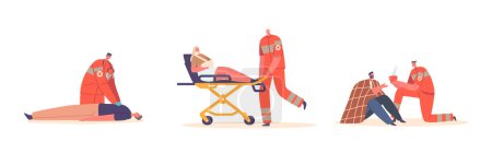 Téléchargez les illustrations : Set Rescuers First Aid to Victims, Medics Pushing Person with Broken Hand on Stretchers, Emergency Doctor Character Pumping Heart to Man Lying on Ground. Cartoon People Vector Illustration - en licence libre de droit