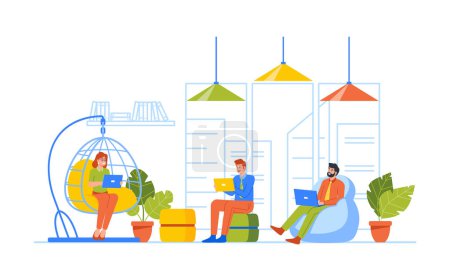 Illustration for Creative Team Characters Develop Project Together in Coworking Area. Designers or Programmers Meeting Wireframe Develop, Office Teamwork. Cartoon People Vector Illustration - Royalty Free Image