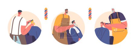 Téléchargez les illustrations : Hairdresser Barbers Serving Clients In Men Salon Isolated Round Icons. Male Characters Visit Barbershop for Haircut, Hairstyle and Shaving. Customers in Barber Shop. Cartoon People Vector Illustration - en licence libre de droit
