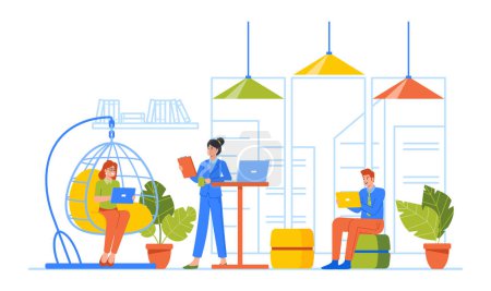 Téléchargez les illustrations : Freelance Group Develop Project in Coworking Area. Coworkers Work Together in Business Center, Characters Doing Presentation, Relax, Work on Laptops, Communicate. Cartoon People Vector Illustration - en licence libre de droit